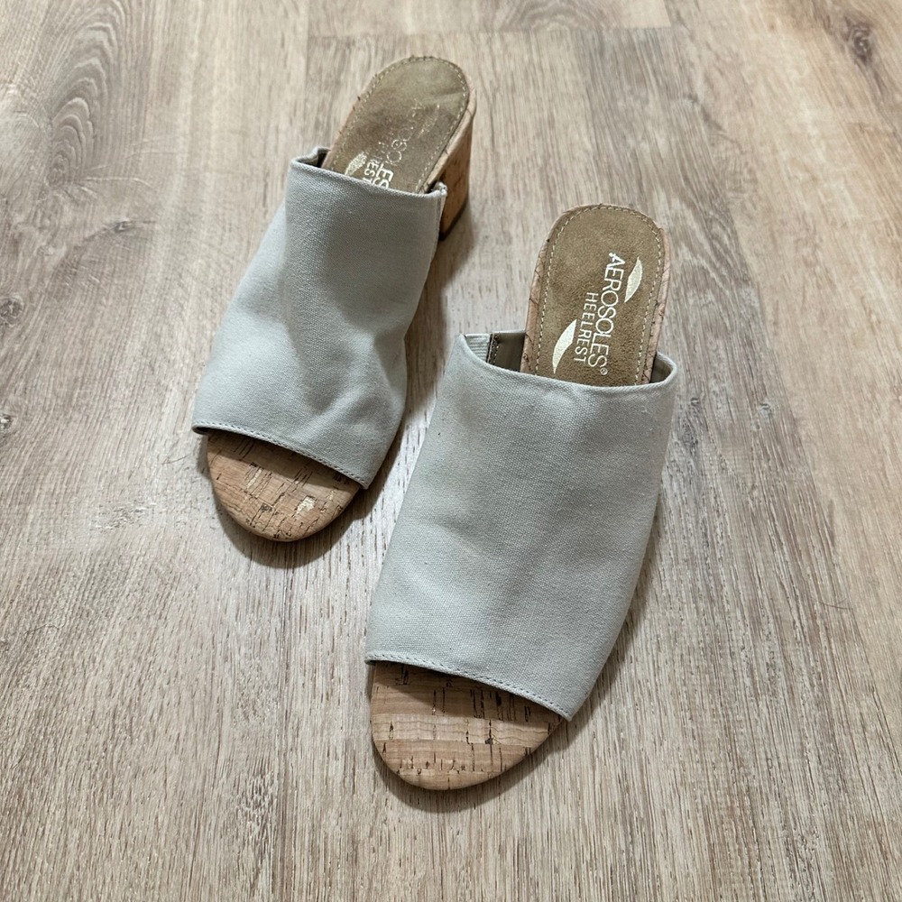 Aerosoles | Women's‎ Beige Canvas Cork Block Heel Slide Sandals Mule Shoes, 6.5